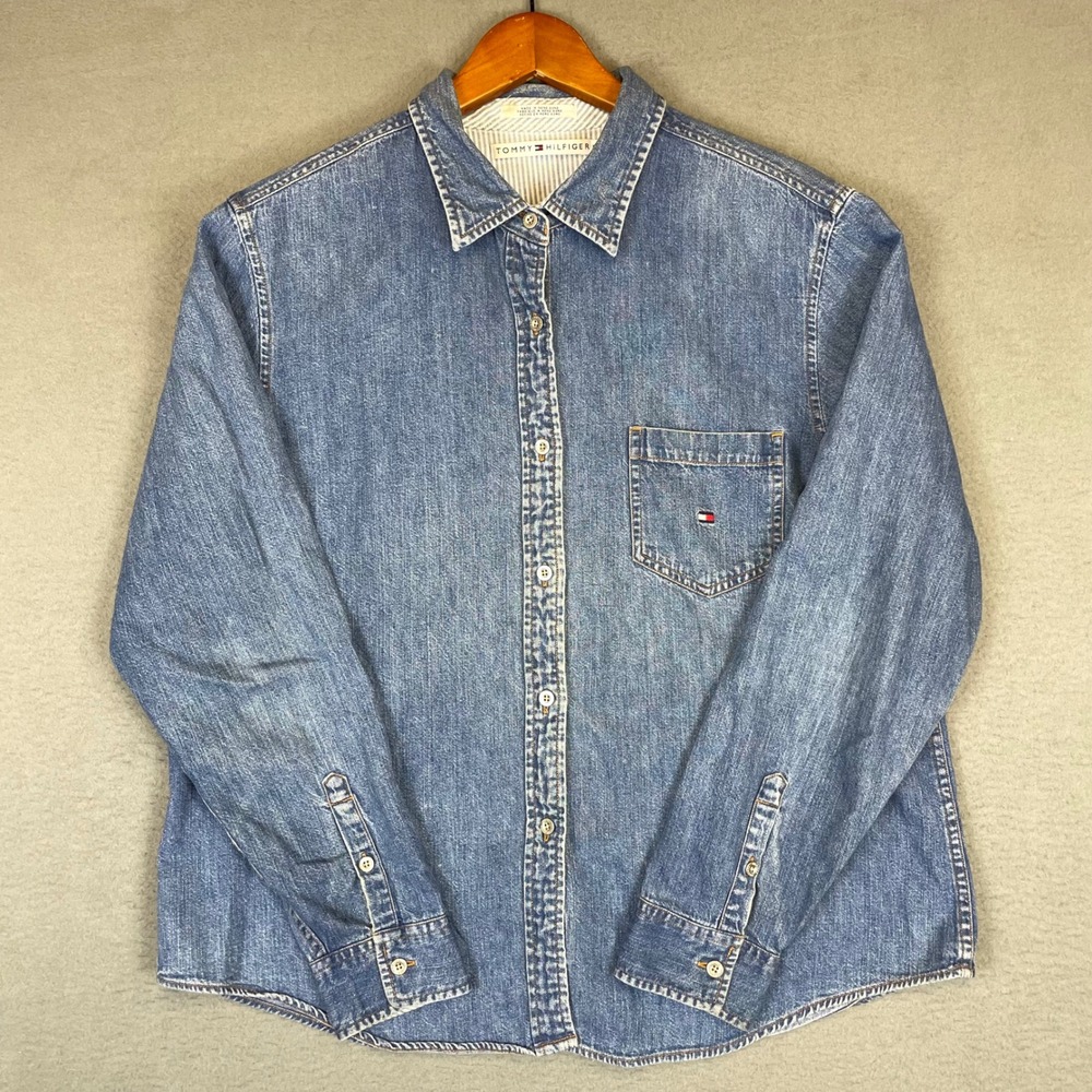 Tommy Hilfiger Denim Shirt Womens XL Blue Long Sleeve Button Front Cotton Logo